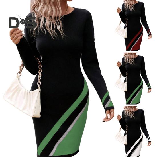 Kobiety Mini Sukienka Wiosna Jesień Kontrastowy Kolor Paski Nadruk Casualowa Sukienka Okrągły Dekolt Długi Rękaw Dopasowana Sukienka Streetwear