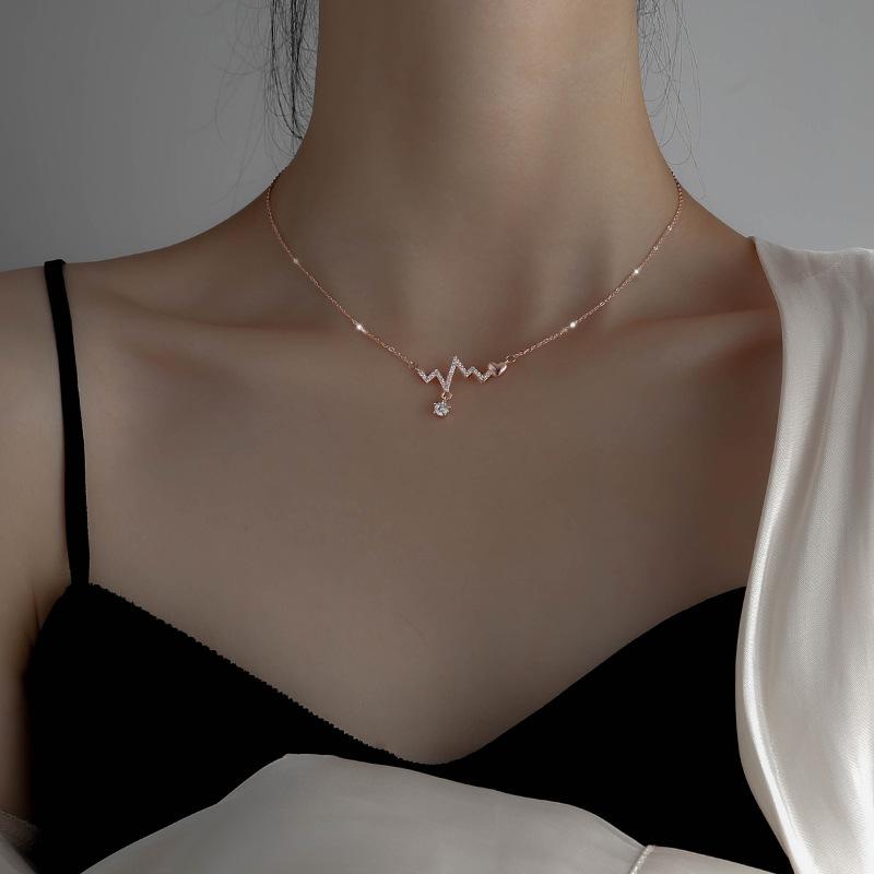 925 Sterling Silver Diamond-Studded Heartbeat Necklace for Women Autumn/Winter Versatile Luxury-Chic ECG Collarbone Chain