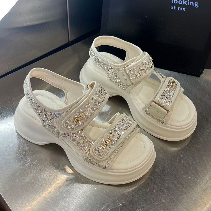 Velcro Sports Sandals Women's 2025 New Summer Lightweight Platform Versatile Sequins Roman Shoes Non-slip Beach Shoes