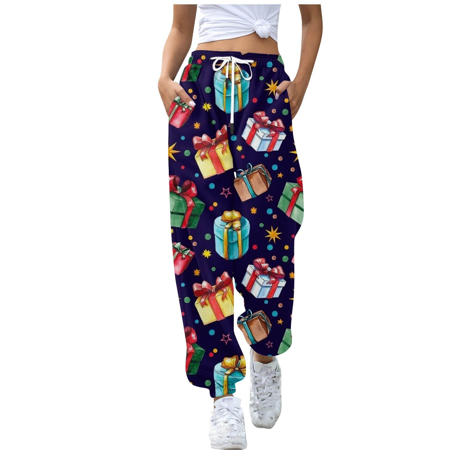 

Жіночі повсякденні різдвяні штани для відпочинку з принтом Спортивні штани Штани на шнурку з еластичною талією Штани на шнурку з шнурком M чорний