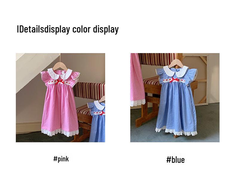 Plaid Princess Dress with French Doll Collar, Lace Trim, Flutter Sleeves, Bow, Summer 2026 Style for Girls.