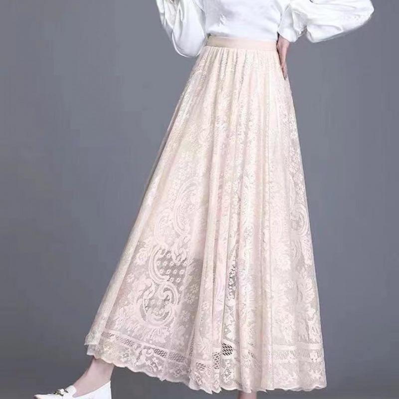 Krajková sukně Dámské dlouhé sukně s písmenem A, jaro/léto, velké swingové gázové duté midi skládané sukně, ležérní kancelářské