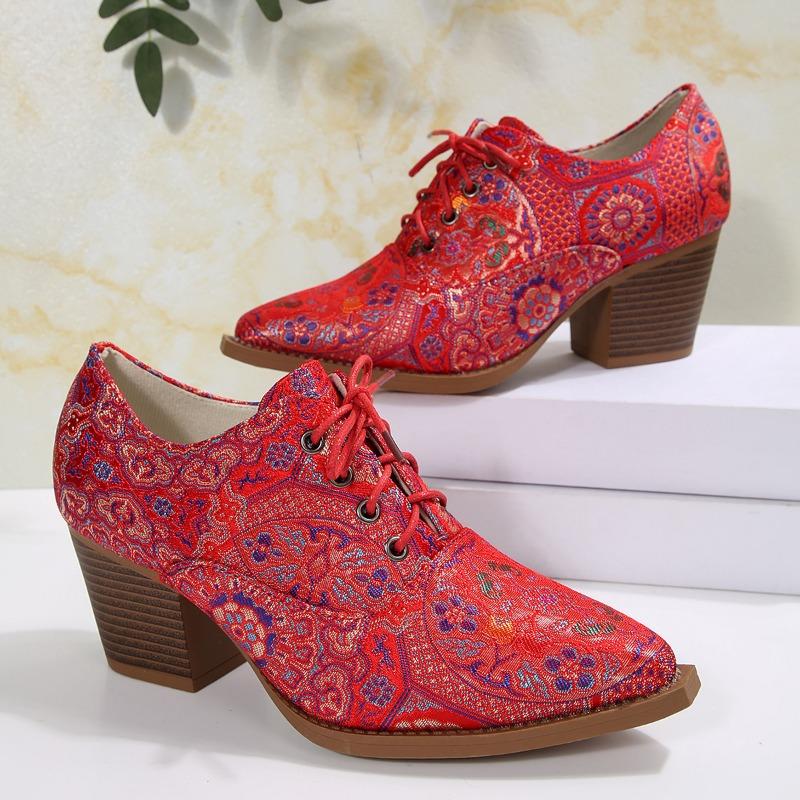 New Spring High-heeled Printed 4 Front Lace-up Thick-heeled Women's Single Shoes