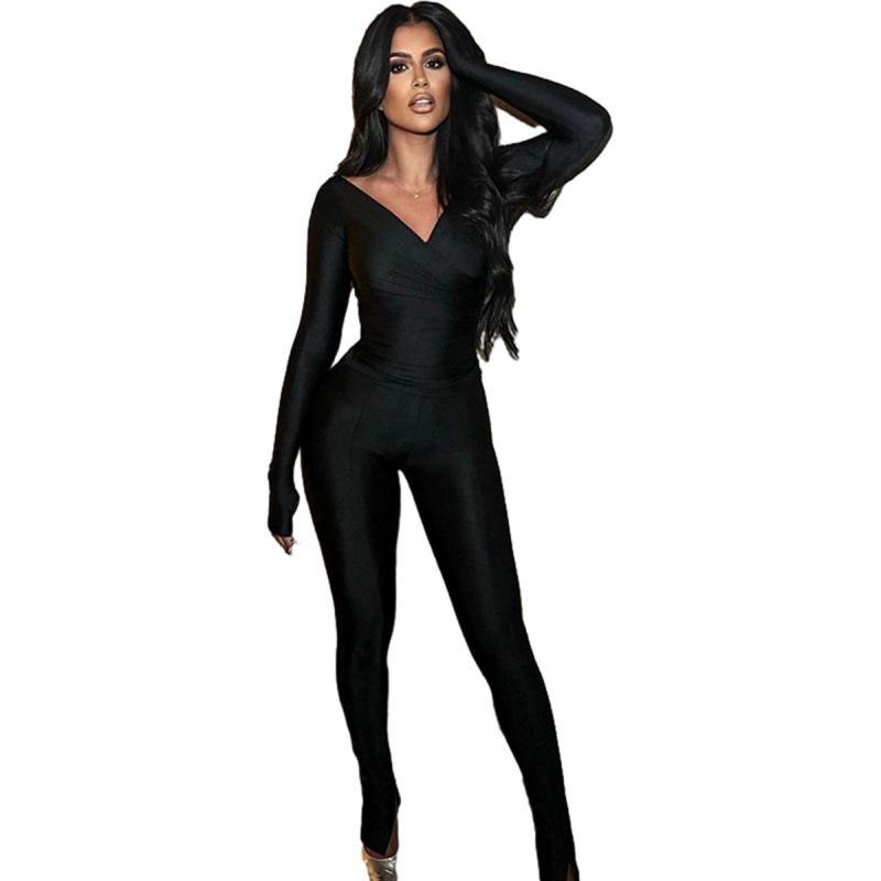 2024 Fall Women's European & American Style Off-Shoulder V-Neck High-Waist Casual Sports Suit