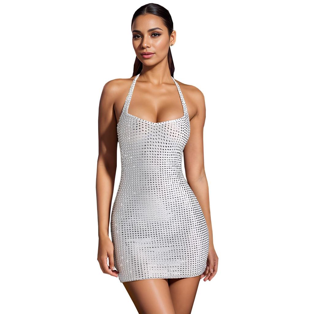 C7179 European & American Fashion Sexy Halter Rhinestone Bodycon Pencil Dress for Women