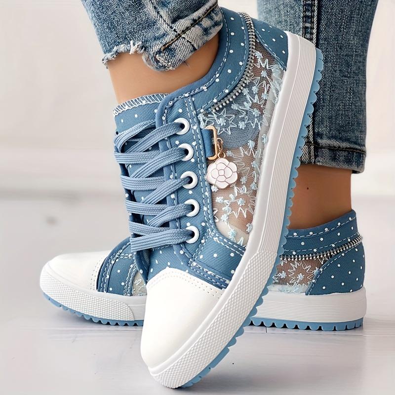 Women's Floral Mesh & Synthetic Cover Casual Sneakers - Breathable Low-Top Lace-Up Round-Toe Spring Shoes with PU Sole for Casual Attire