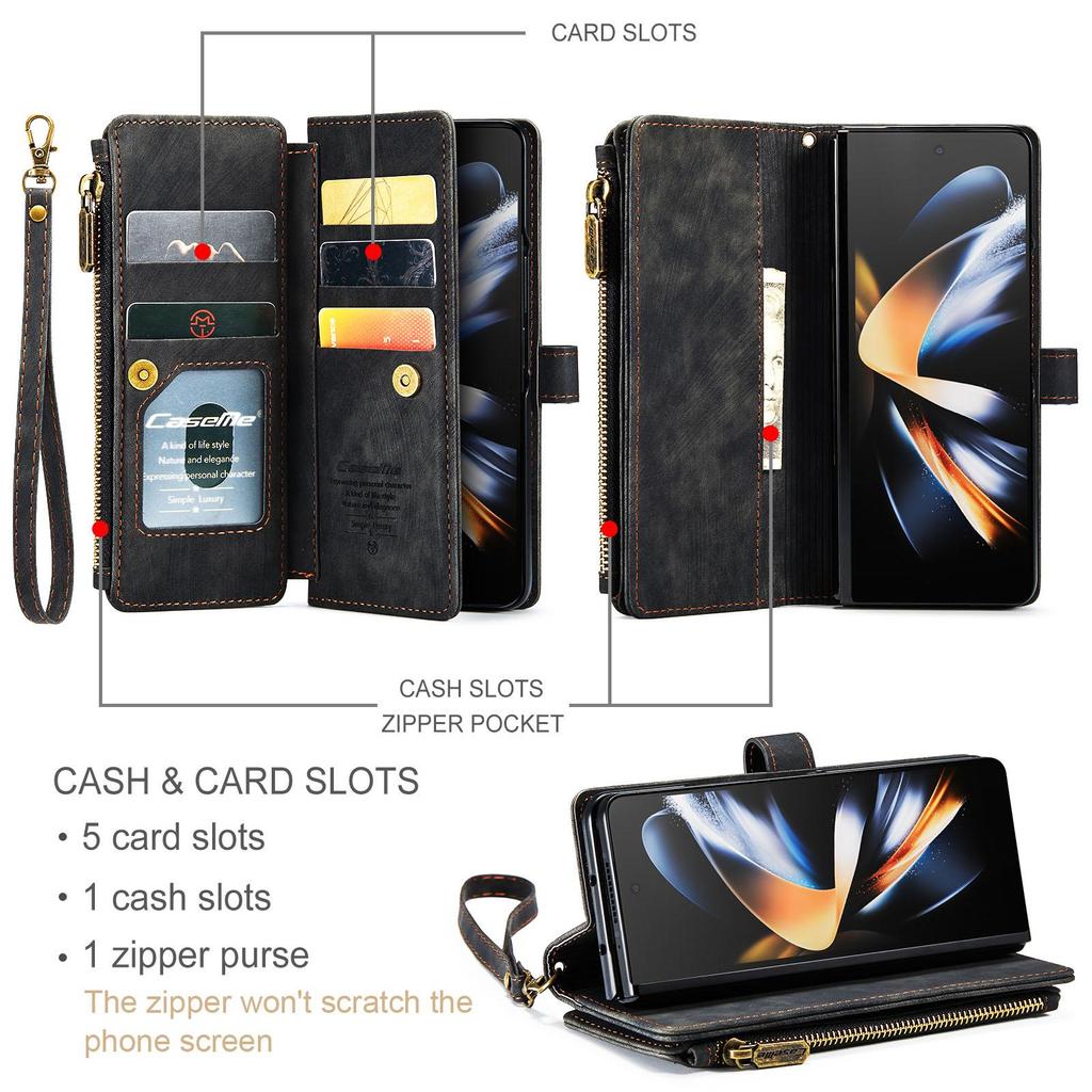 Custodia Flip per Samsung Galaxy Z Fold 3 4 5 S23 S22 Ultra S20 A14 A24 A13 A33 A53 Portafoglio magnetico in pelle Flip Cordino Cinturino da polso Custodia per carte con cerniera