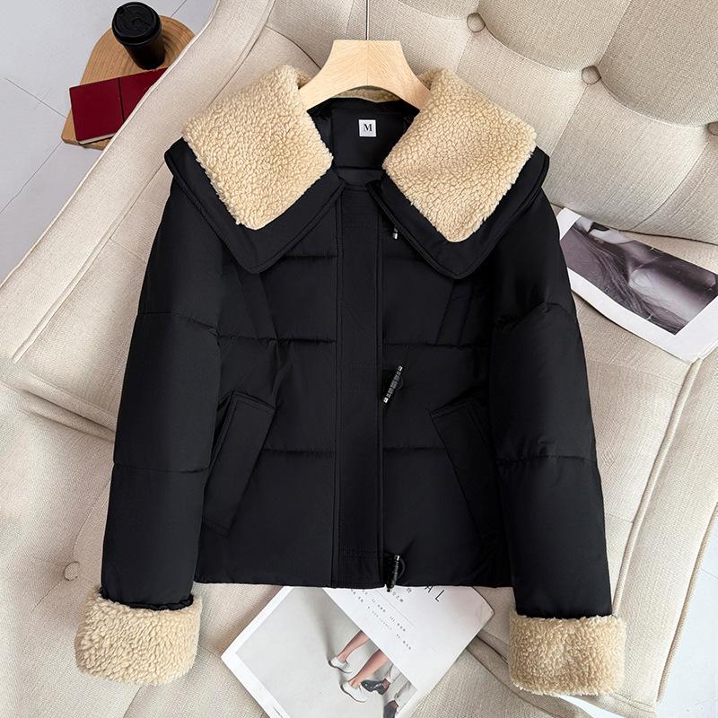 Splicing lapel horn buckle short cotton-padded coat women's new versatile winter fashion warm student jacket