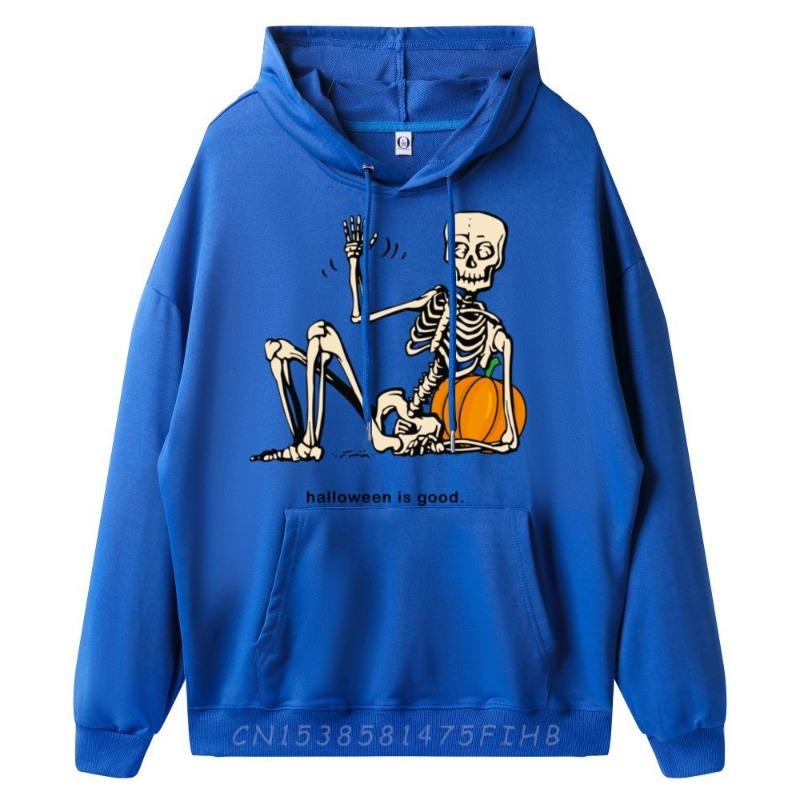 Halloween Is Good and Life Pumpkin Skeleton Halloween Cute Blank Hoodies Polyester Fiber Men's Oversize Long Sleeve Alphabet
