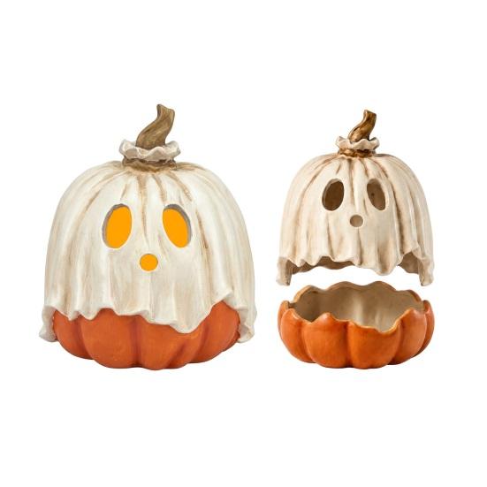 Resin Halloween Ornament Light Up Ghost Pumpkin Decoration, Vintage Detachable Lamp with Figures LED Candle for Kitchen Tabletop Mantel Party