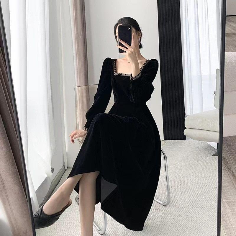 French Square Collar Gold Edge Velvet Dress Women's Spring and Autumn New Retro Hepburn Style Inner with Black Temperament Medium and Long Dress
