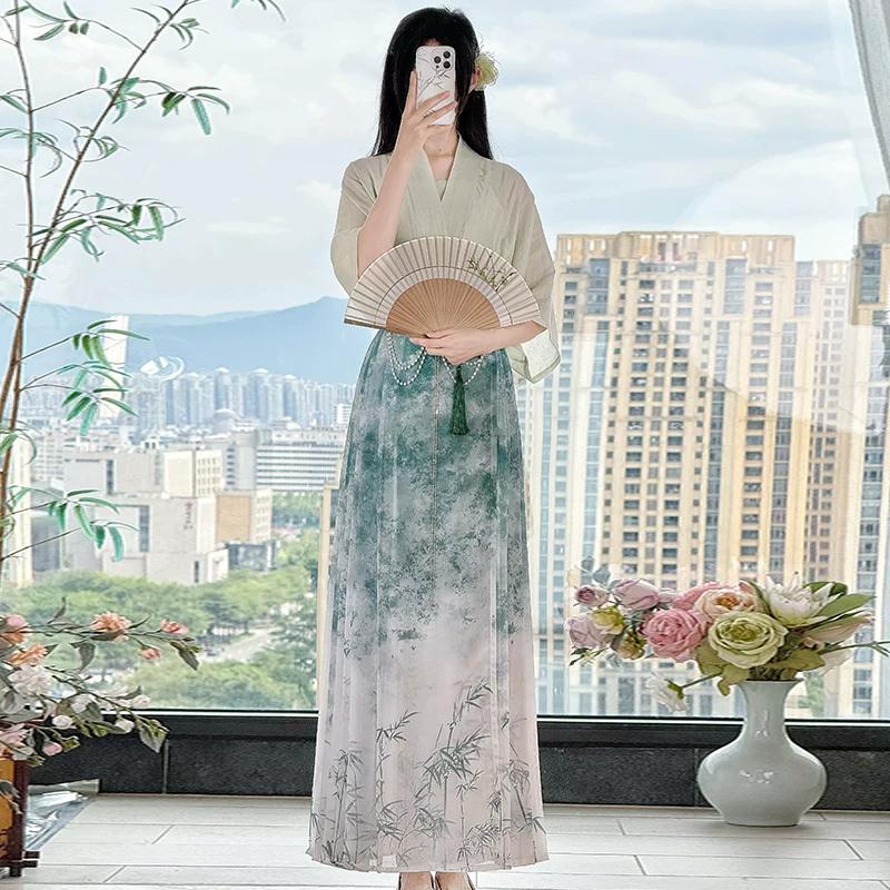 Women s Ming Dynasty Hanfu Set, Summer Breathable Daily Wear Ma Mian Skirt Outfit L синий