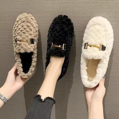 Inverno Espessado Quente Solado Macio Pelúcia Solado Plano Sapatos Versáteis Sapatos Bean Bean Femininos Fofos Casuais Bico Redondo Veludo