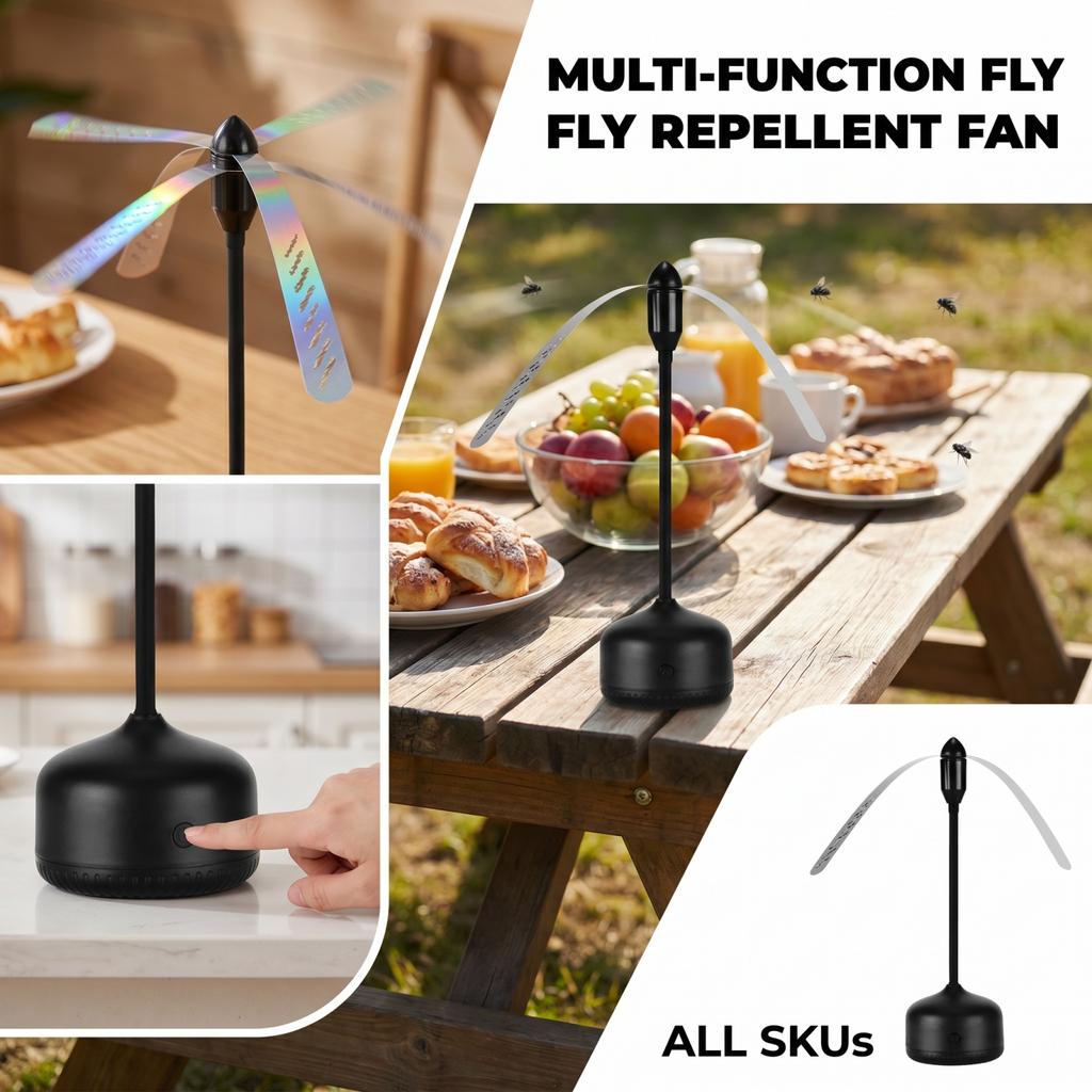 Multifunctional Fly Repellent Fan with Soft Flexible Blades for Indoor Outdoor Table Protection Against Insects