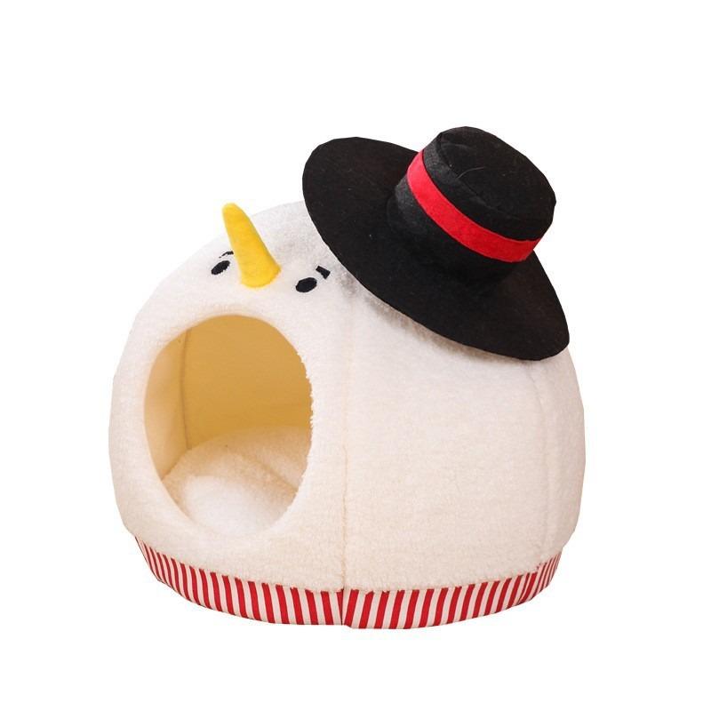 Winter Warm Cat House Semi Closed Cute Christmas Snowman Pet Bed All Season Soft Plush Dog Tent Holiday Gift for Cats Kittens