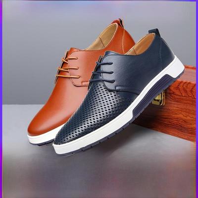Men's British Style Summer Leather Shoes: Hollow Design, Large Size, Round Toe for Casual and Business Wear.