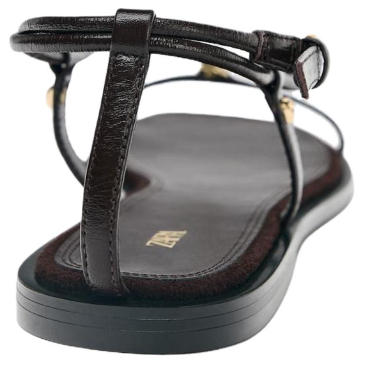 Zara Sheepskin Leather Open-Toe Vintage Strap Sandals 1Cm Women Sandals Brown 1611610700