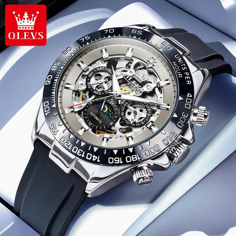 OLEVS 6713 New Automatic Mechanical Men's Watch Silicone Band Luminous Calendar Week Hollow Out 30M Waterproof Business Watches