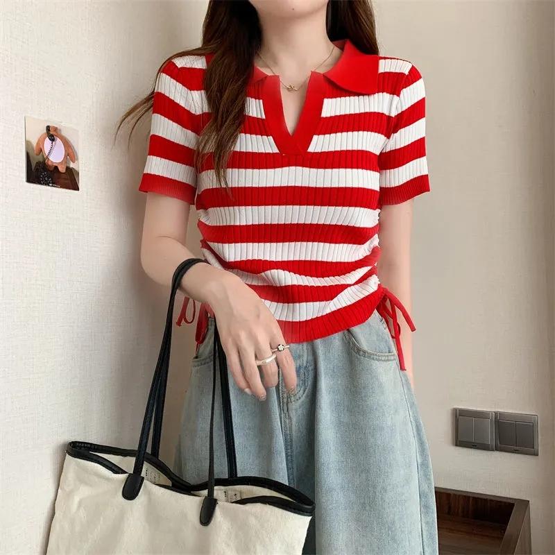 

Женская трикотажная блузка в полоску с вырезом поло, топы, офисные женские модные повседневные обтягивающие топы с короткими рукавами, футболка, женский шикарный наряд M