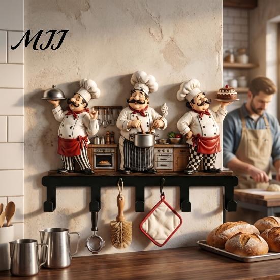 Decorative Chef Figurine Rack Metal Kitchen Wall Hanger with Chef/House/Gnome/Train Elements, Hanging Hooks, Organizer Mounted Storage for Utensils