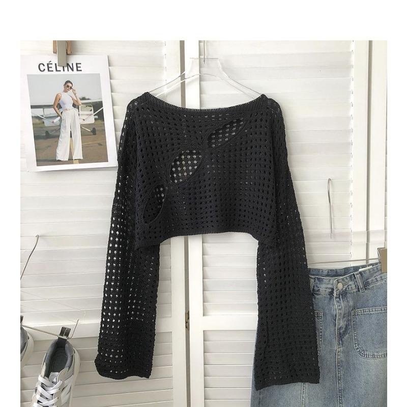 Dam Retro Vit Virkad Öppen Stickad Långärmad Croptop