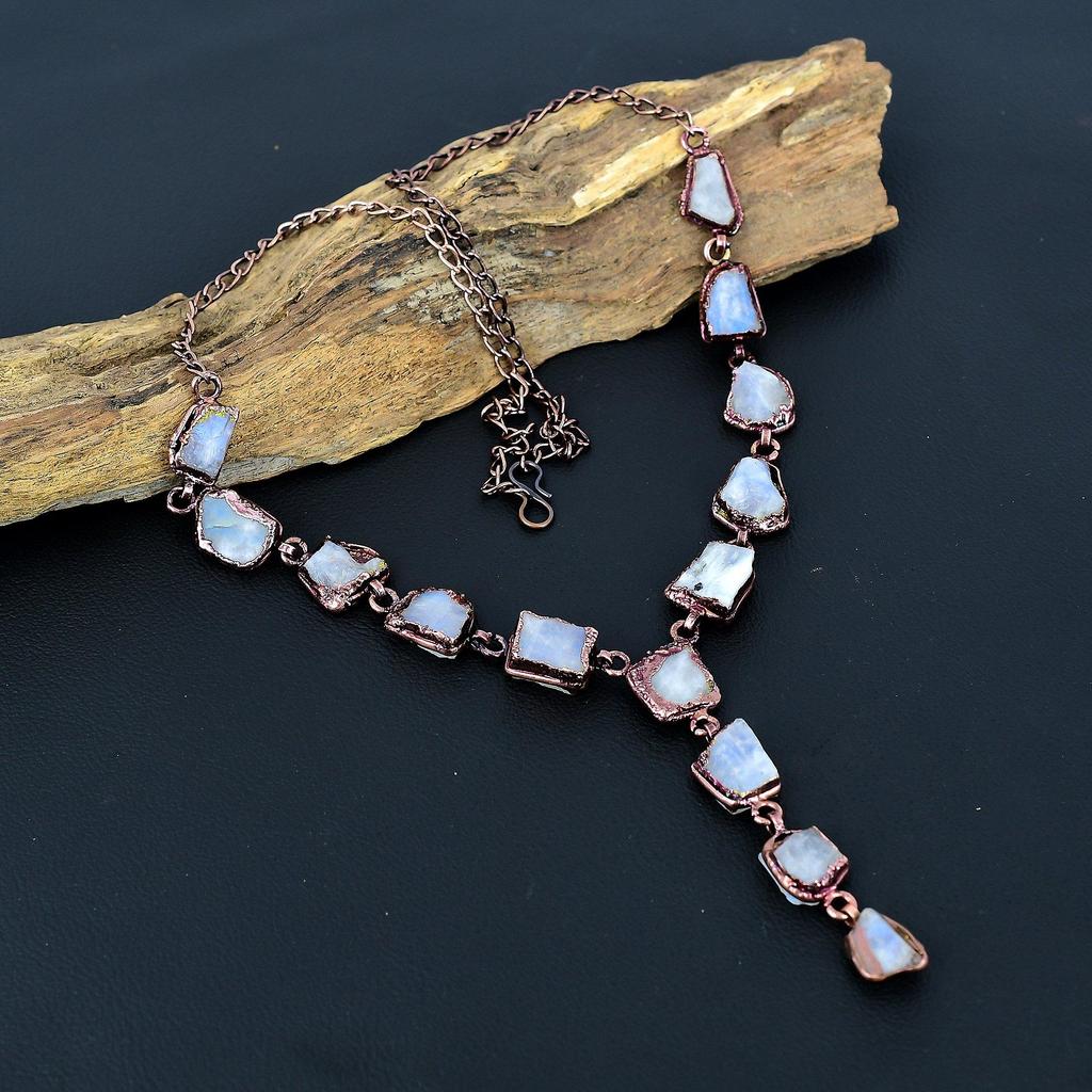Rough Moonstone Handmade Gemstone Necklace, Copper Electroformed Necklace Antique Jewelry, Adjustable Chain Necklace Engagement Gift