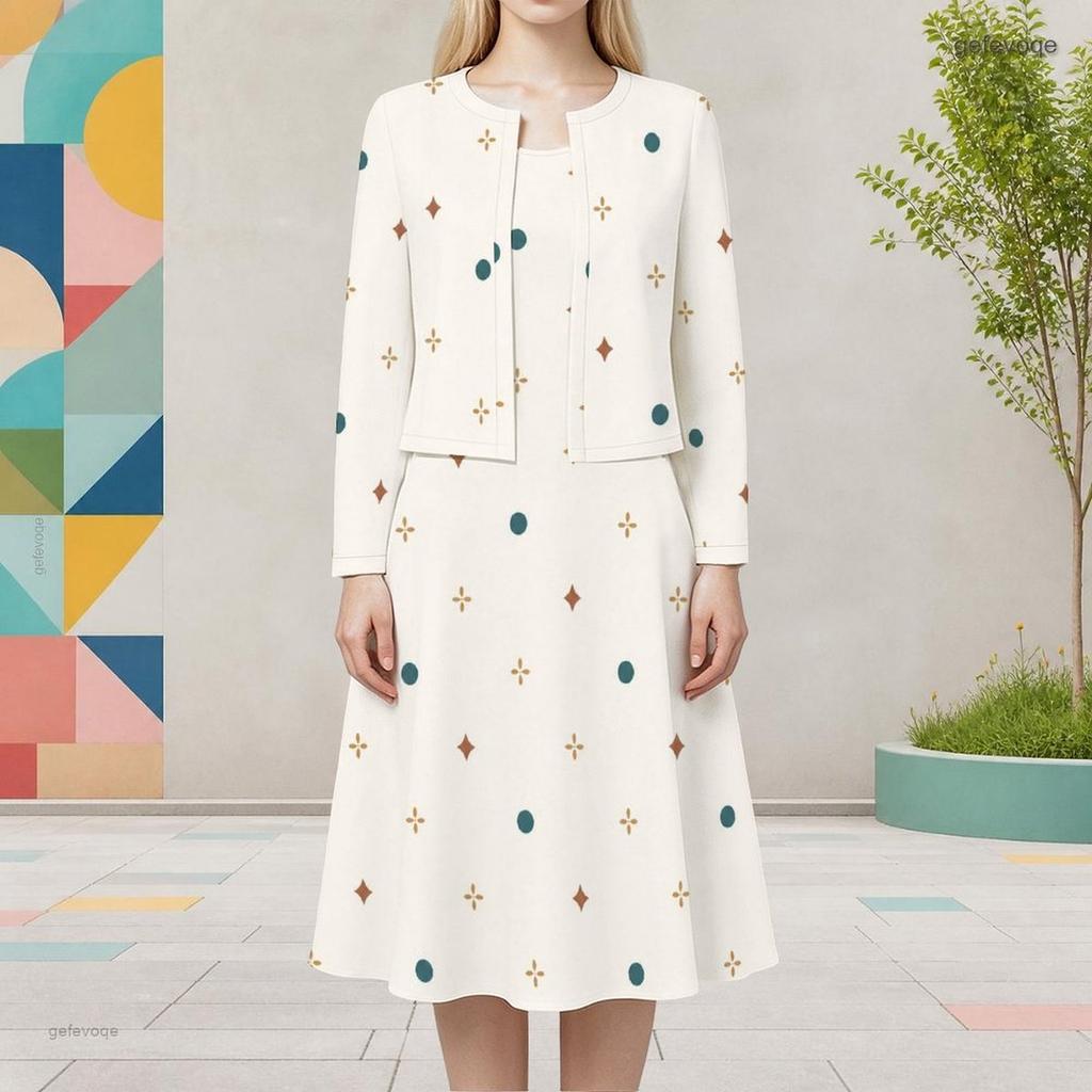 Women Plus Size Geometric Printed Polka Dot Round Neck Long Sleeve Cardigan Sleeveless Dress Two Piece Set