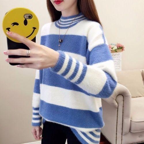 Autumn and Winter Imitation Mink Semi-turtleneck Velvet Thickened Warm Pullover Sweater Women's Loose Striped Bottoming Shirt