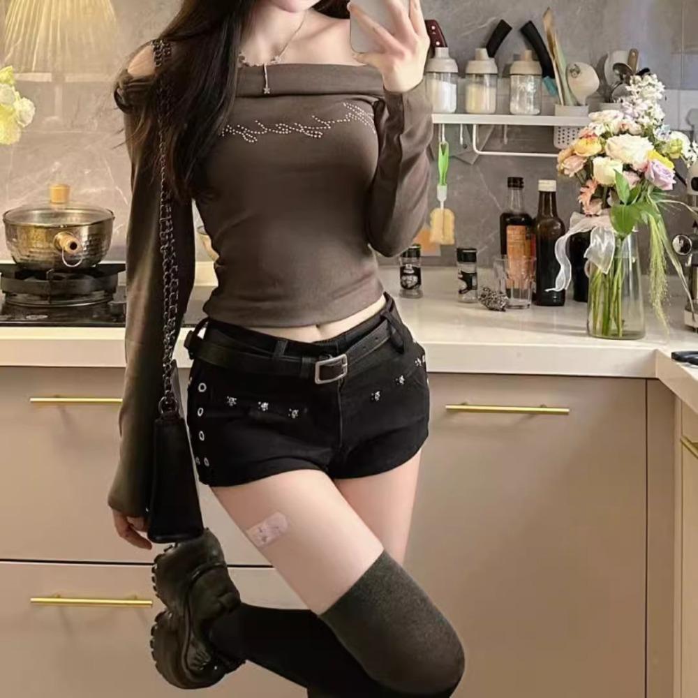 Women's High Rise Denim Shorts Skinny Fit Hot Pants Medium Stretch Rivet Decor Solid Black Jean Shorts Y2K Vintage Clubwear For Summer Night Out