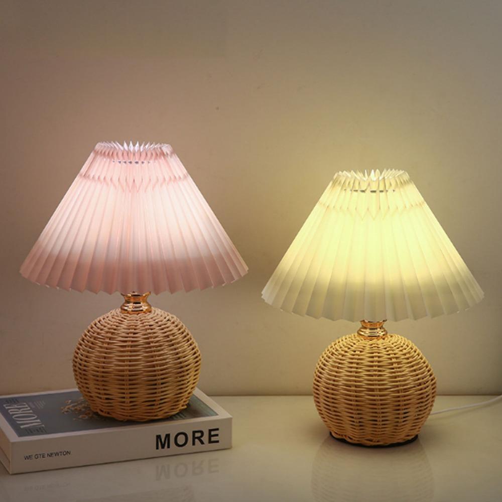 Soft Light Pleated Table Lamp Rattan Base Nightstand Lamp Modern Desk Accent Lamp Nightstand Decor