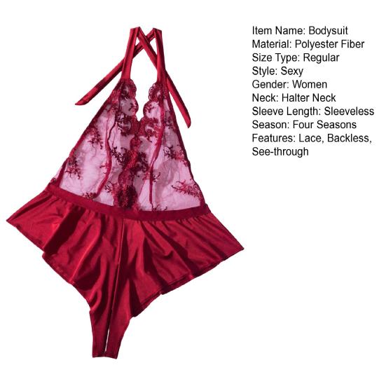 Women Nightdress Halter Neck See-through Lace Off Shoulder Open Crotch Bodysuit Sleeveless