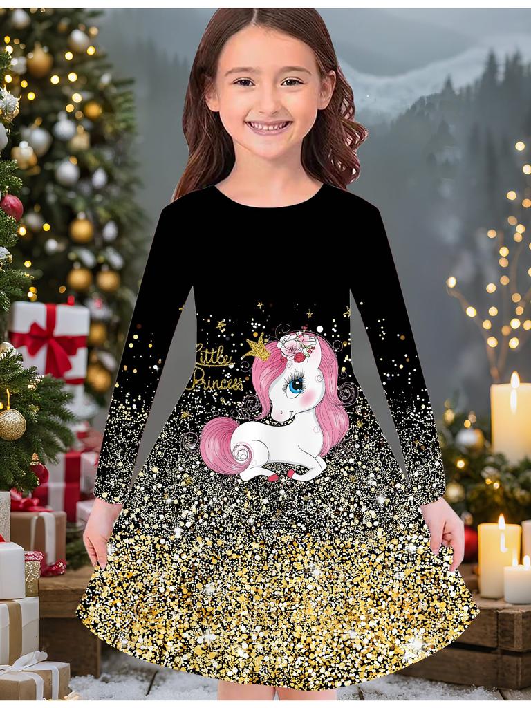 Girls' Autumn and Winter Fashion Dress, 3D Unicorn Print  Round Neck Long Children's T-shirt Dress, Casual Versatile, Christmas Clothing
