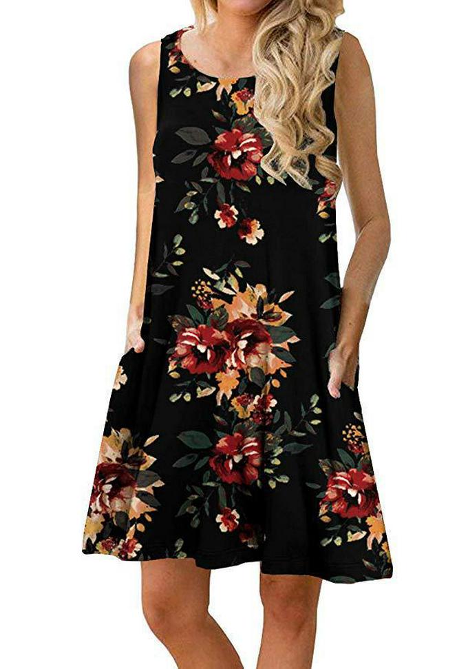 2020 Sleeveless European-American Floral Pocket Beach Dress