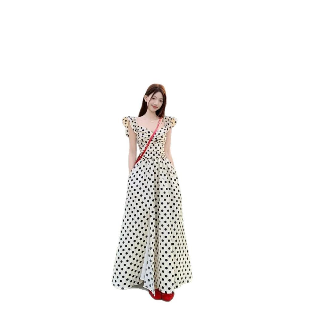 French Chic Polka Dot Summer Dress: Elegant Pleated Long Skirt with Slim Waist