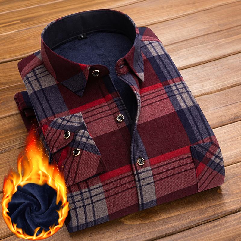 Winter Men Shirt Plaid Flannel Thick Warm Long Sleeve Fleece Autumn Dress Flannel Formal Shirt Fashion Casual Slim Fit Pocket