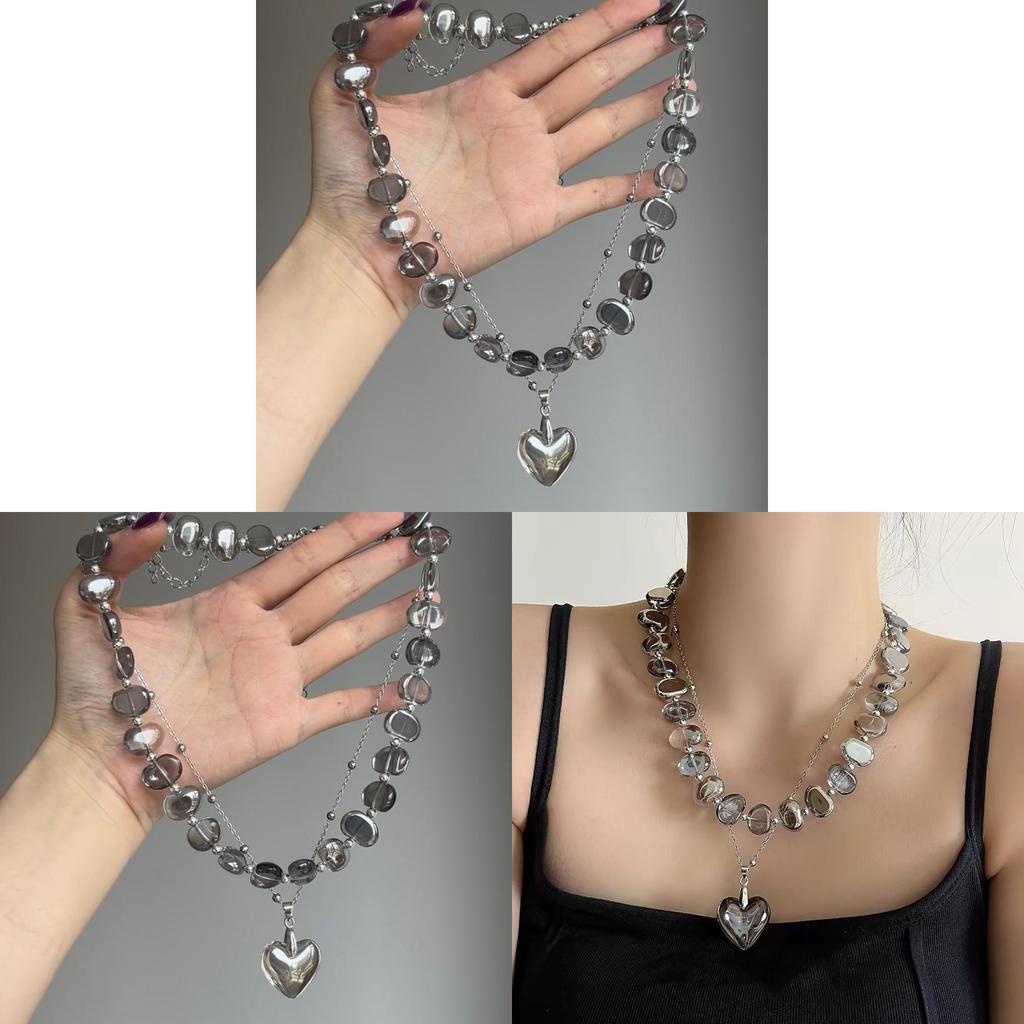 Waterdrop Crystal Beaded Necklace For Women Handmade Heart Pendant Double Layer Jewelry