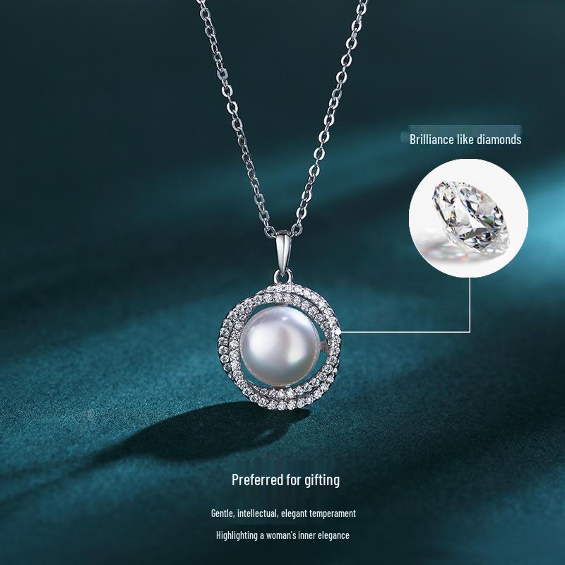Elegant S925 Sterling Silver & Freshwater Pearl Pendant Necklace for Women - High-End Clavicle Chain with Full Diamond Detail