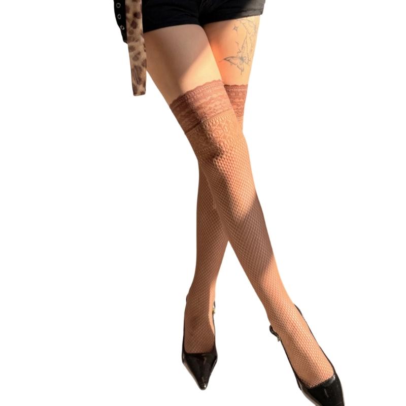 Fishnet Thigh High Stockings With Delicate Lace Edging And Comfortable Nylon Fabric Mesh Over Knee Long Socks For Women