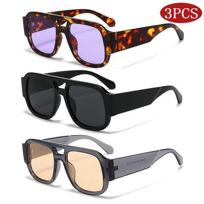 3pcs Fashion Square Sun Glasses Women Candy Color Retro Wide Legs Men Eyeglasses Shades Large Frame Double Bridges