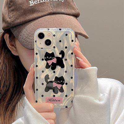 Cartoon Polka Dot Bow Cat Phone Case for iPhone15 Pro Max 14 Plus 13 12 11 All-inclusive Shock-proof Girl Phone Case