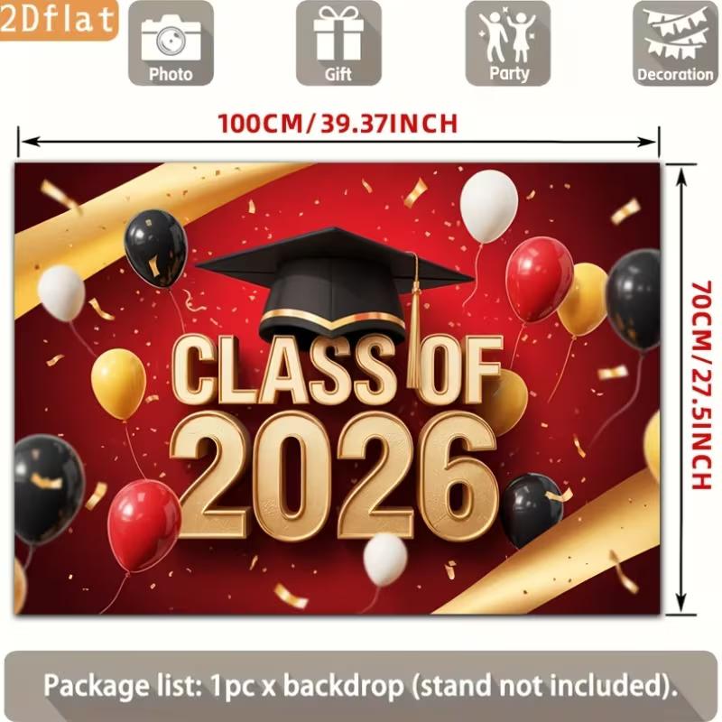2D Class of 2026 Graduation Photography Backdrop Red Gold Balloon & Confetti Party Background