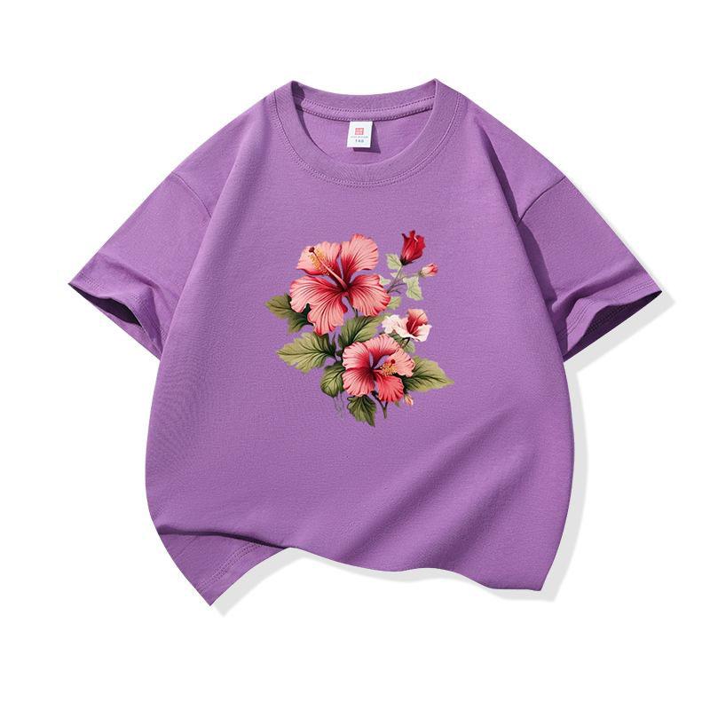 Kids Cotton T Shirt Pink Hibiscus Flower Print Crew Neck Short Sleeve Tee Casual Breathable Boys Girls Summer Tops