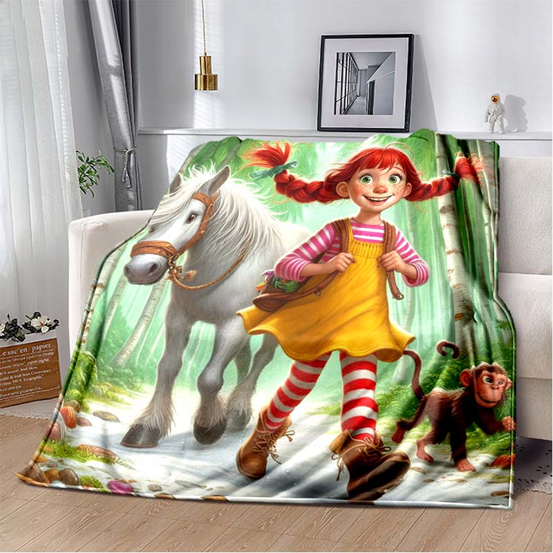 Pippi Langstrumpf Flanelldecke, Cartoon Pippi Schatztruhe Piratenschiff Druck Überwurfdecke, Weiche Leichte Decke für Sofa Bett Couch