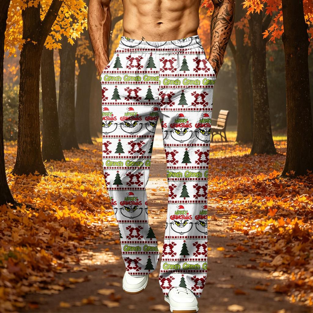Herren Christmas Print Jogginghose Locker sitzende Jogginghose mit Taschen Sportliche Freizeit Hose