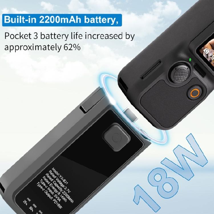 Compactly Battery Handle Power Grip 2200mAh Extended Operation Hot Swappable Design USB C Port Mount for Pocket 3 Camera