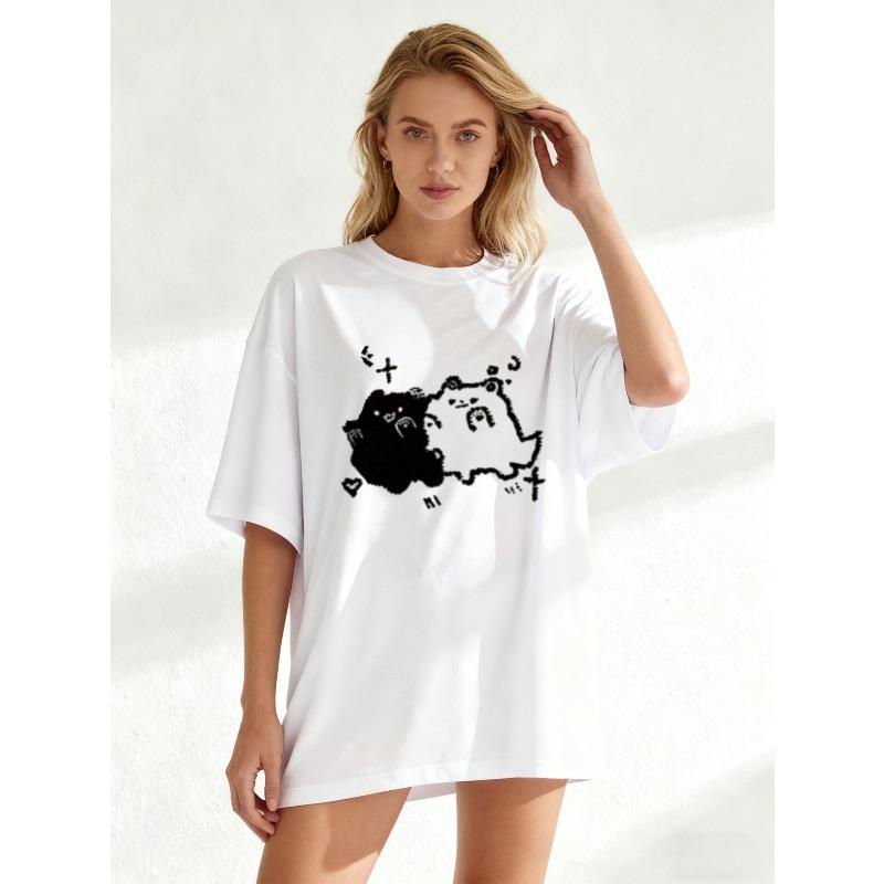Oversized T Shirt Black Bear And Moon Print Casual Wear For Women
