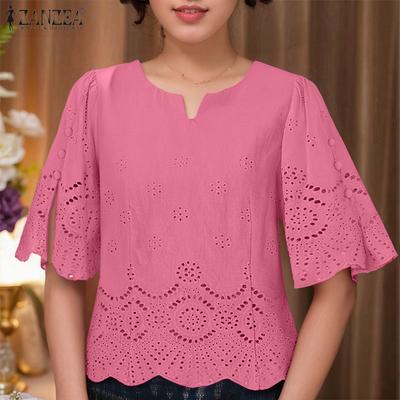 Women Casual V-Neck 3/4 Sleeve Loose Crochet Patchwork Blouse