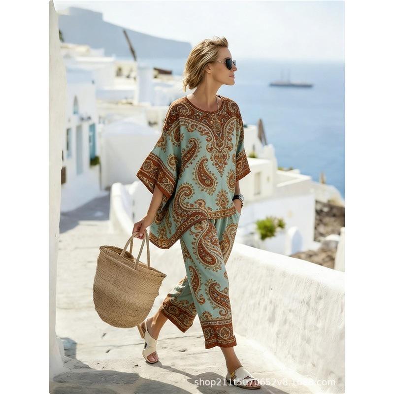 New summer women's round neck gradual change 1D printing casual seven-quarter sleeve set vacation two-piece set