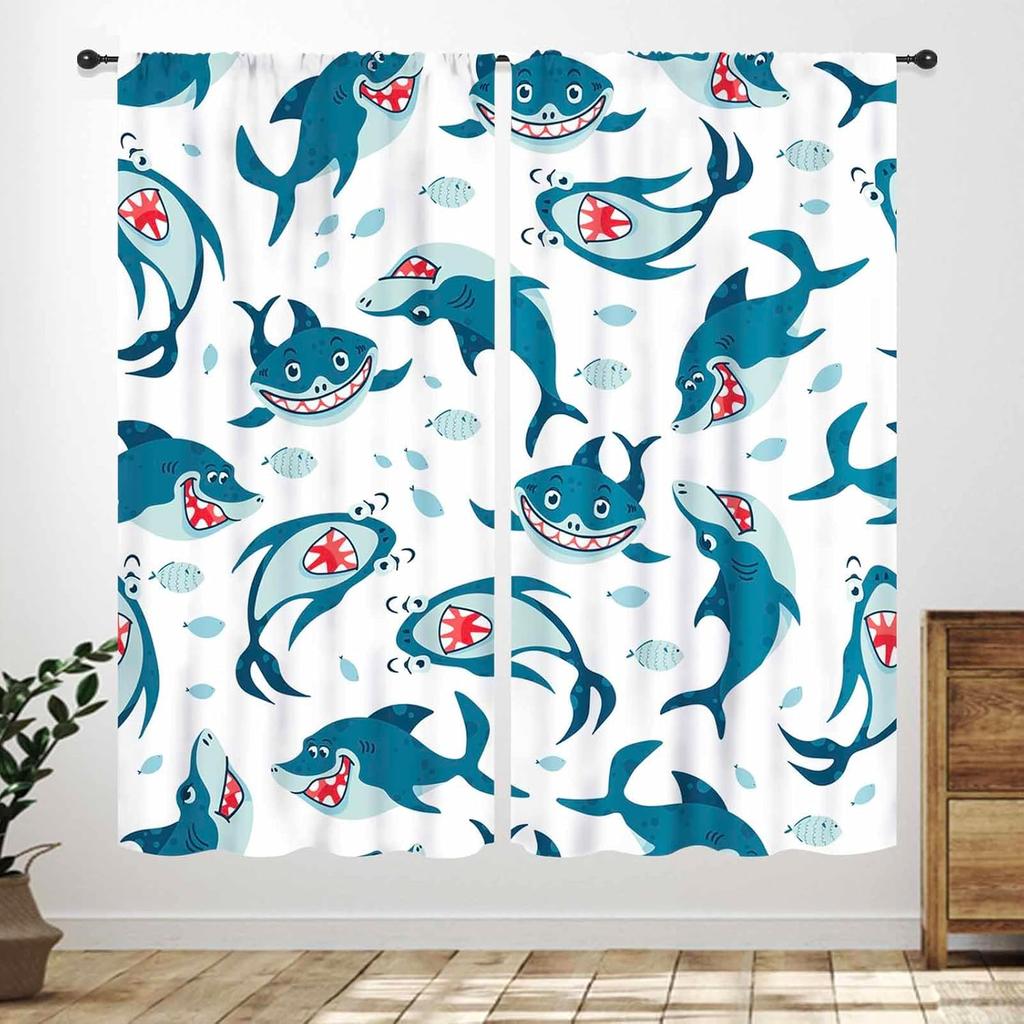 Blue Curtains Kids Room Cartoon Underwater Animals Sharks Turtles Nature Marine Plants Window Drapery Treatments Curtain Polyester Washable Children's