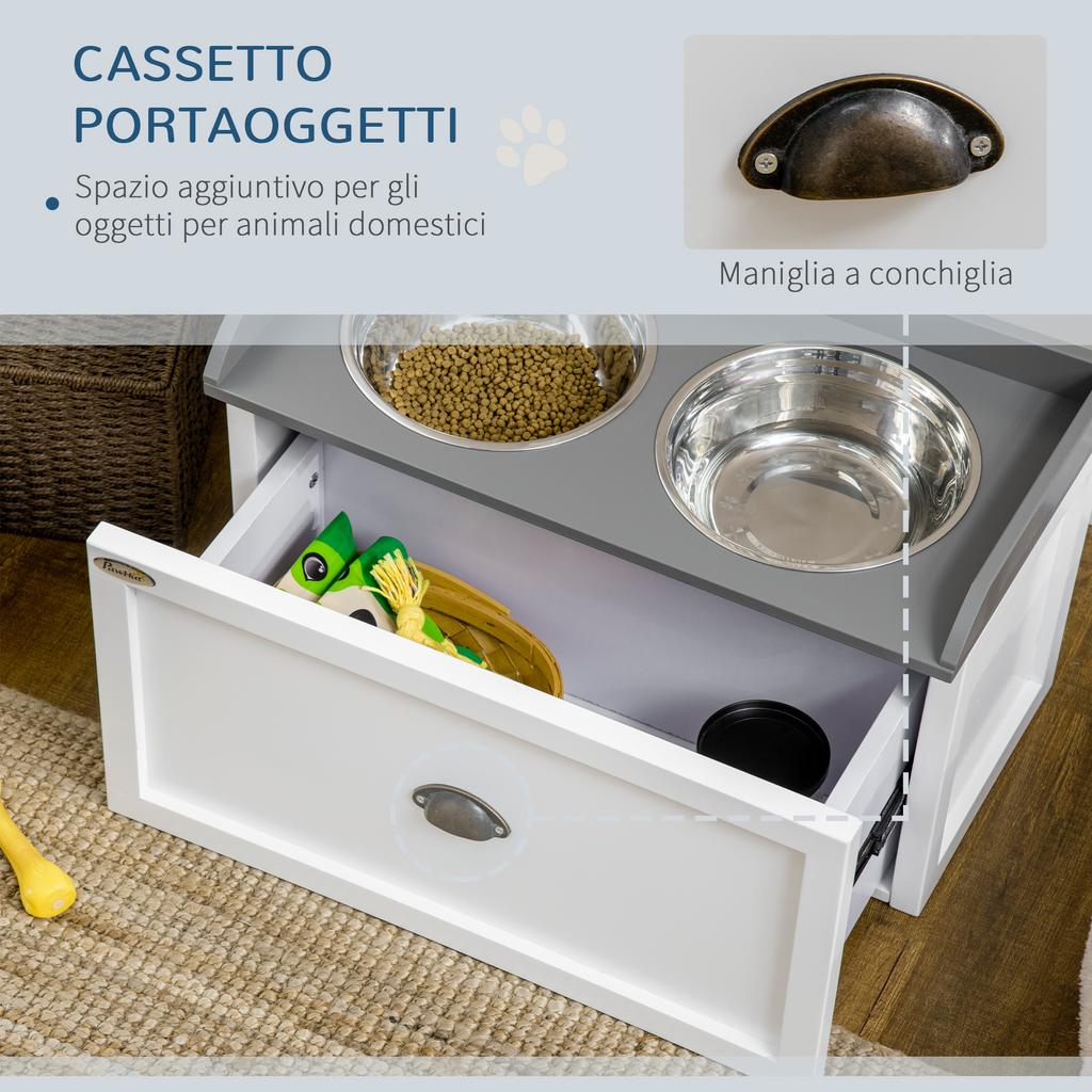 Raised Stainless Steel and Wood Dog Bowls with Drawer, 60x30x36cm, White and Grey